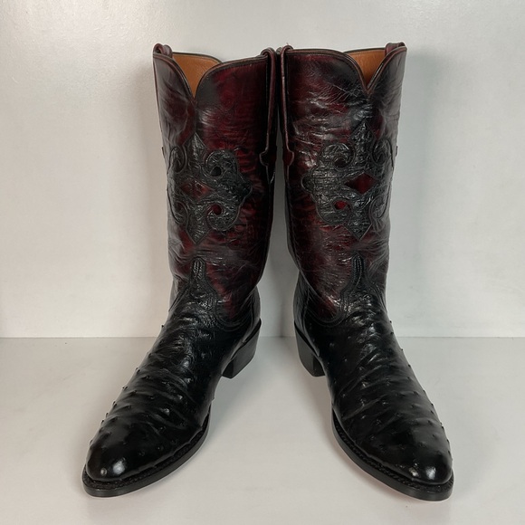 Vintage Lucchese Black Cherry Ostrich Quill Cowboy Boots 10 B Inlay New Soles - Picture 10 of 16